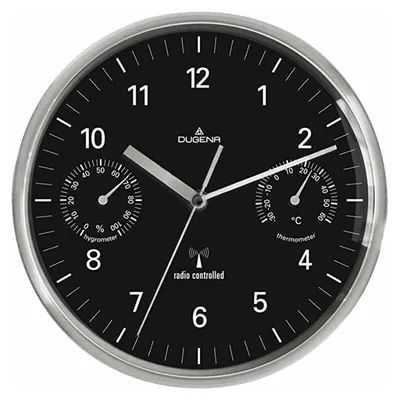 Produktbild von Dugena Funk-Wanduhr, Quarzwerk, mit Thermo- und Hygrometer, Edelstahl, Schwarz