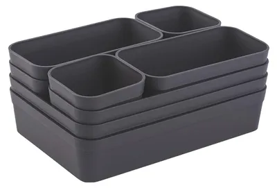 Image de 1 lot d'organiseurs de tiroirs, boîte de rangement avec séparateurs, système de rangement modulable pour ustensiles de cuisine, salon, salle de bains, en plastique anthracite