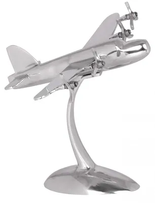 Produktbild von FineBuy Design Deko Propeller Flugzeug 42 x 30 x 30 cm Silbern aus Aluminium Alu Flieger Geschenk-Idee Tisch-Dekoration mit Standfuß