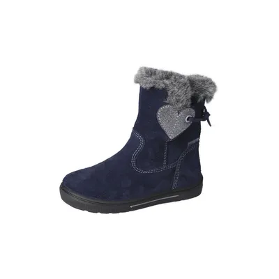 A single blue boot with gray fur trim and a heart detail.
