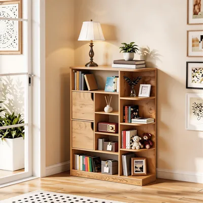 Produktbild von Bücherregal mit 9 Ebenen und 2 Türen, Aufbewahrungsregal Standregal, Bücherschrank, 80 × 24 × 120 cm, Braun
