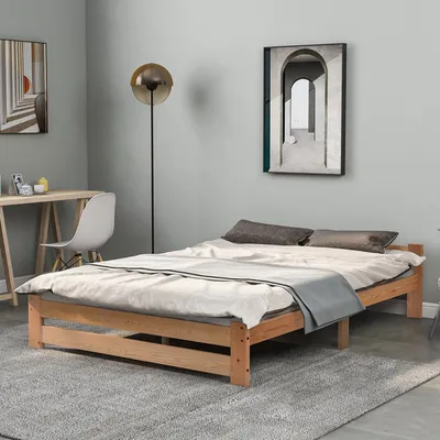 Produktbild von Massivholzbett Beige 140x200cm Mit Kopfteil und Lattenrost Massivholz Futonbett Massivholz Bett Doppelbett Jugendbett (Ohne Matratze)