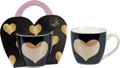Produktbild von Becher Herzen schwarz gold für 450ml aus Porzellan in Herz Geschenkbox Formano W