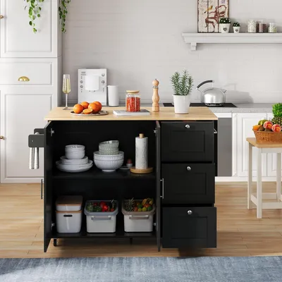Zdjęcie produktu dla L135*B44(70)*H90cm, duży, mobilny stół kuchenny z blatem z drewna dębowego, składaną konstrukcją, wielofunkcyjną szafką, 3 szufladami i uchwytem na ręczniki, idealny do kuchni i jadalni