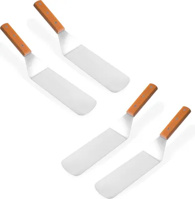 Produktbild von 4er Set Pfannenwender groß aus Edelstahl | Fleischwender mit Holzgriff | Bratenheber - Pfannenschaufel| Bratenwender Grillwender | Grillspachtel | BBQ Grillspachtel | Küchenschaber Burger Grillwender