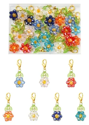 28er Set Blumen-Anhänger aus Glas, 7 Farben, mit Karabiner