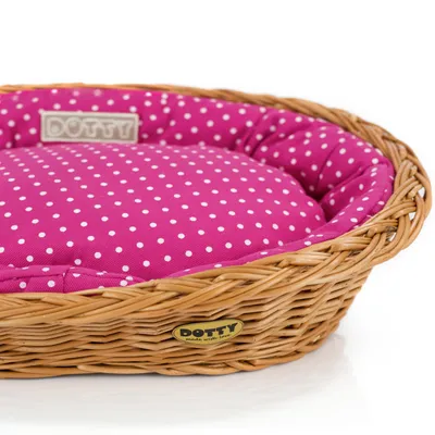 Produktbild von Handgeflochtener Weidenkorb Wikikorb mit Baumwoll-Hundebett – Rosa mit weißen Punkten Polka Dots – Waschbar & Gepolstert – DOTTY