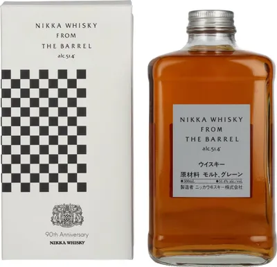 A bottle of Nikka Whisky From The Barrel and its packaging are displayed side-by-side against a white background.