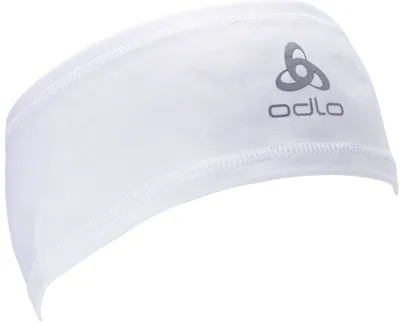 A white athletic headband with a gray logo.