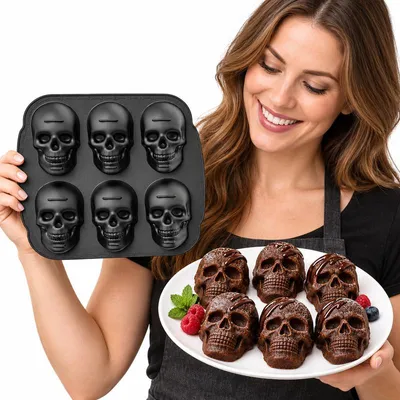 Produktbild von Silikonform Totenkopf, 6-fach Backform für Schokolade und Kuchen, flexibel, -20 bis 220 °C, große Halloween Backform