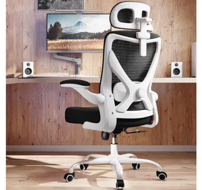 Obrázek produktu pro Ergonomická kancelářská židle, bílá a černá – s nastavitelnou bederní opěrkou, opěrkou hlavy, nosností 150 kg