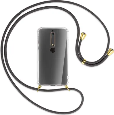 Produktbild von Handykette Backcover-Schutzhülle mit Band (Metall goldfarben) für Nokia 6.1 - dunkelgrau