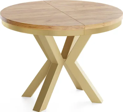 Produktbild von Runder Ausziehbarer Esstisch im Loft-Stil - Industrieller Tisch mit Goldenen Metallbeinen - Platzsparender Tisch für Wohnzimmer - Craft Eiche - 100 bis 180 cm