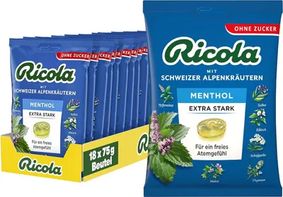 Produktbild von Ricola EXTRA STARK Menthol, 18 Beutel original Schweizer Kräuter-Bonbons mit 13 Schweizer Alpenkräutern & Menthol, zuckerfrei, 18 x 75g, vegan