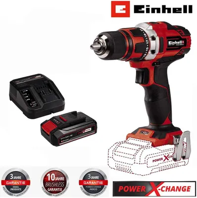 A cordless drill with its battery and charger, presented on a white background with marketing badges.