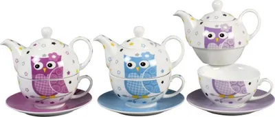 Produktbild von Tee-Set Eule Tea4one Porzellan sortiert pink/lila/grün/blau 3tlg