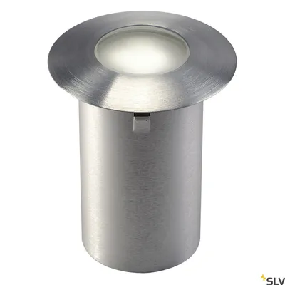 A recessed floor light with a brushed metal finish and a frosted glass lens emitting a soft white light.