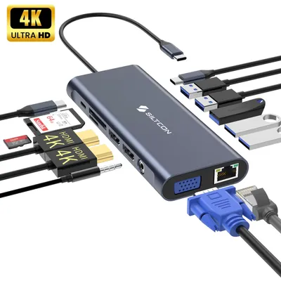 Productafbeelding van Siltcon® 14-in-1 USB C Hub - 2x HDMI 4K, VGA, RJ45, USB C 100W PD - Spacegrey - 2024 model