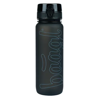 A black water bottle with a light blue logo on a white background.