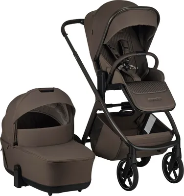 A brown stroller and bassinet are displayed against a white background.