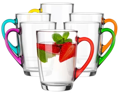 6 Kaffeetassen mit bunten Griffen, 300 ml, transparent