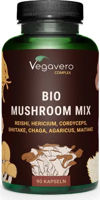 Produktbild von Vegavero Mushroom Mix  | 90 Kapseln | Reishi, Hericium, Cordyceps, Shiitake, Chaga, Agaricus & Maitake | vegan