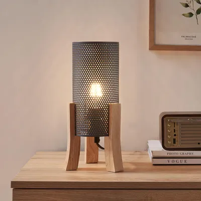Immagine prodotto di Lampada da tavolo 'Joelleldsvin' in legno e metallo con aspetto a rete 30 x 14 x 14 cm grigio