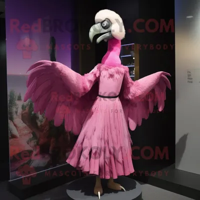 Productafbeelding van Pink Vulture mascotte REDBROKOLY kostuum karakter gekleed met een avondjurk en haarspeldjes