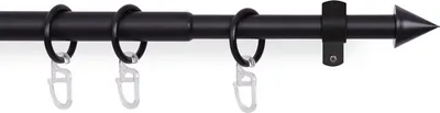 Produktbild von Gardinenstangen-Set 120-220cm (Schwarz, Endstücke Kegel) Metall Stilgarnitur ausziehbar, Ø16mm, inkl. Ringe, Gleiter, Wandträger & Befestigung