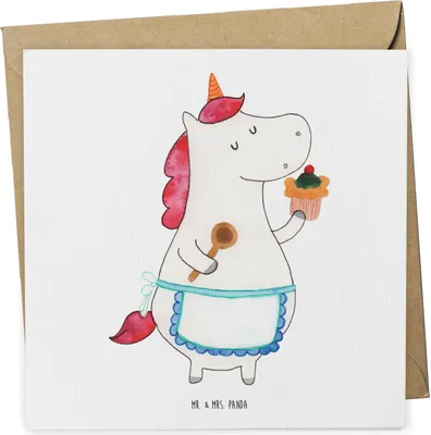 Produktbild von Mr. & Mrs. Panda Glückwunschkarte Einhorn Küche - Weiß - Geschenk, Unicorn, Backen, doppelkarte, Muffin, faltkarte, Torte, Koch, Grußkarte, Klappkarte, anlasskarte
