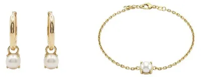 Produktbild von Suzan Gold® 375 Echtgold Schmuckset Damen Creolen Armband Perle elegant zeitlos wasserfest Geschenk Set Pearlina Drop hochwertig