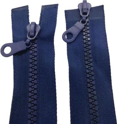 Two dark blue zippers are laid out separately against a white background.