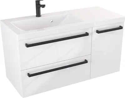 Produktbild von FURNI Waschtischunterschrank ATH 90 cm  - Weiß Hochglanz - Hängender Badschrank mit Mineralguss-Waschbecken - Griffe - Vormontiert