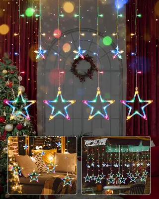 Lichtvorhang mit 138 LEDs, 2,4 x 1 m, 12 Sterne, Timer, Innen