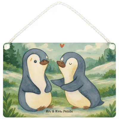 Produktbild von Mr. & Mrs. Panda Deko Schild Pinguine trösten Design DIN A6 - Weiß - Geschenk, Hochzeitstag, wandtafel, Freundin, Valentinstag, Wandbild Holz, holzbild, für, Partner