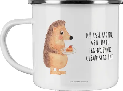 Produktbild von Mr. & Mrs. Panda Pott Igel Kuchenstück - Weiß - Geschenk, Emailletasse, Kuchen Backen, Torte, Teetasse, Reisebecher, Campingbecher, Lustige Sprüche, Geburtstagskuchen