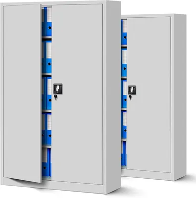 Two gray metal filing cabinets filled with blue binders.