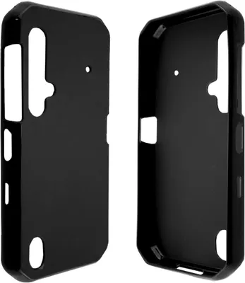 Two black phone cases are shown from different angles against a white background.