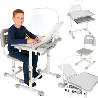 Image de Ensemble bureau enfant avec tiroir, chaise et lampe - Gris