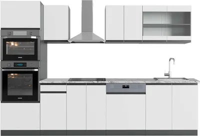 Immagine prodotto di Cucina componibile Vicco R-Line Bianco 300 cm J-Shape con armadio alto, PL Marmo, Model 42910