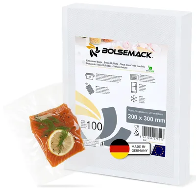 Produktbild von BOLSEMACK Vakuumierbeutel 20x30cm - Vakuumbeutel 100 Stück für alle Vakuumierer & Lebensmittel Vakuumiergerät - Vacuum bags reißfest - BPA-frei