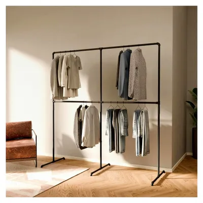 Produktbild von Kleiderständer Schwarz – Freistehende Kleiderstange im Industrial Design 195 x 194 cm – Offener Kleiderschrank & Garderobenständer aus Metall für Schlafzimmer, Flur & Ankleidezimmer
