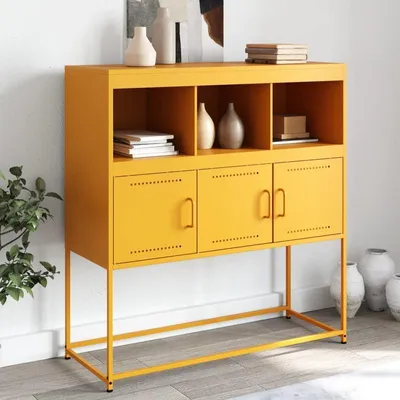 Zdjęcie produktu dla Komoda, wymiary 100,5 x 39 x 107 cm, wykonana ze stali, kolor musztardowy, praktyczny i nowoczesny design