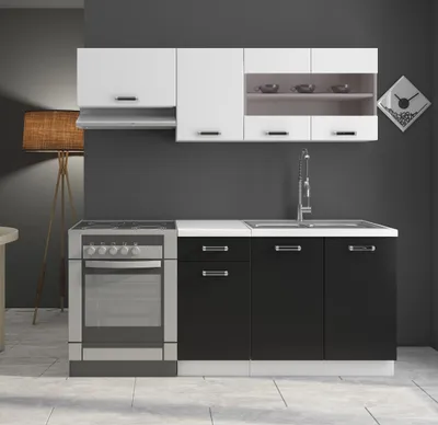 Produktbild von Küche Omega Mini 180 cm Küchenzeile Küchenblock Singleküche Schwarz Weiss