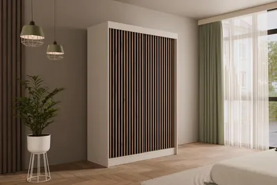 Produktbild von ALTDECOR Kleiderschrank mit Lamel-Schiebetüren, kugelgelagerte Führungsschienen und Aluminium-Leisten - VILANv2 - 150 cm Weiß + Lamelle Eiche Wotan