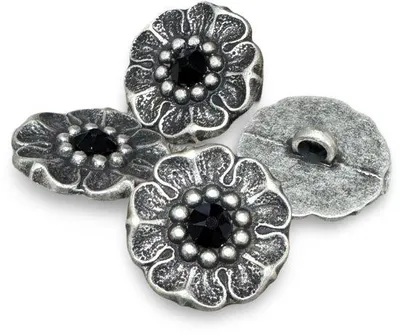 Produktbild von 10 Stück silberfarbene Metallknöpfe Blumenknop mit schwarzem Strassstein 13 mm oder 18 mm (13 mm)