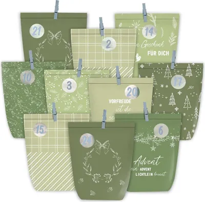 Immagine prodotto di Calendario dell'Avvento in carta kraft da riempire e decorare, sacchetti natalizi verdi