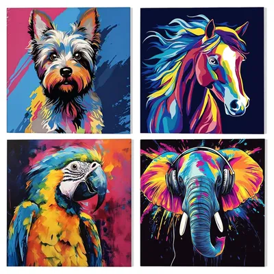 Malen nach Zahlen Set – 4 bunte Tiere mit Rahmen