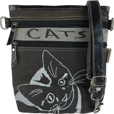 Produktbild von Damen Tasche Umhängetasche, Handtasche aus Canvas & Leder. Nachhaltige Produkte, Groß Vintage, Schultertasche, Katzenmotiv Crossbody