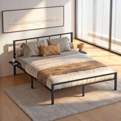 Produktbild von VASAGLE Doppelbettgestell, 140 x 200 cm, Metallbett, mit Kopfteil, mit Ablagen, Bettrahmen